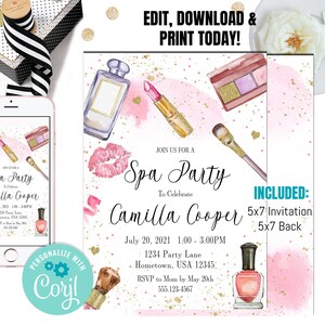 May include: Pink and white spa party invitation with watercolor illustrations of makeup and beauty products. The invitation includes the text "Join us for a Spa Party to Celebrate Camilla Cooper" and details for the party, including the date, time, location, and RSVP information.