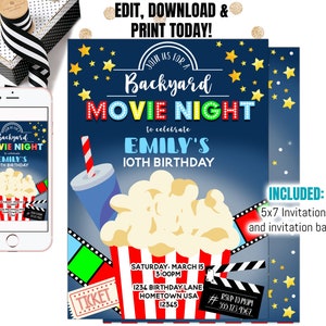 EDITABLE Backyard Movie Night Birthday Invitation Outdoor Movie Party Movie Under The Stars Party Movie Sleepover Party Instant Download