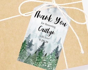 May include: Thank you for showering Caitlyn. With love! 9-29-20. Watercolor thank you tag with a forest scene in shades of green and gray.