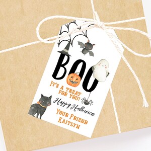 May include: A white gift tag with a black and orange pumpkin, a black cat, a ghost, a bat, and a spider. The tag says "Boo! It's a treat for you! Happy Halloween Your Friend Kaitlyn"