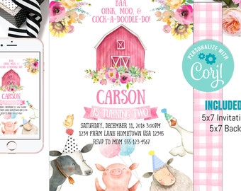 Editable Farm Birthday Invitation Girl Farm Animals Girl Barnyard Birthday Party Download Printable Invitation Template Digital Corjl F101