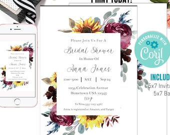 May include: A printable bridal shower invitation with a watercolor floral design featuring sunflowers, burgundy roses, and eucalyptus leaves. The invitation text reads "Please Join Us For A Bridal Shower In Honor Of Anna Jones 1:00-3:00 | SAT | Sep 24 1234 Celebration Avenue Hometown USA 12345 To Nina 555-123-4567 Anna is registered at Amazon, and Target".