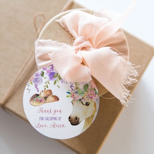 Editable Cowgirl Birthday Favor Tag Label Horse Birthday Gift Tag Label Blush Pink & purple Floral Cowgirl Horse Party Instant Download