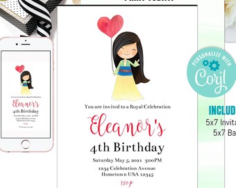 EDITABLE Princess Mulan Birthday Invitation, Watercolor Mulan Invitation, Royal Celebration Invitation, Girl Birthday Invite