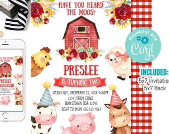 EDITIERBARE Bauernhof-Einladung, Scheunentiere-Party einladen Vorlage, Ranch-Kinder-Geburtstag, rote Junge Barnyard-Tiere, sofortiger Download BY01