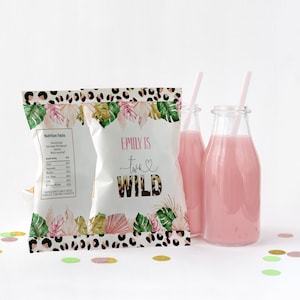 Safari Leopard Print Birthday Chip bag template, Girls Birthday Favors, EDITABLE, Animal Print, Two Wild Party Wild Jungle Chip Bag PA01