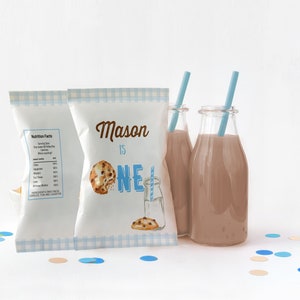 Milk and Cookies Birthday Chip bag template, Boy Birthday Favors, EDITABLE, Milk & Cookies Party Boy Birthday Blue First Birthday Chip Bag image 1