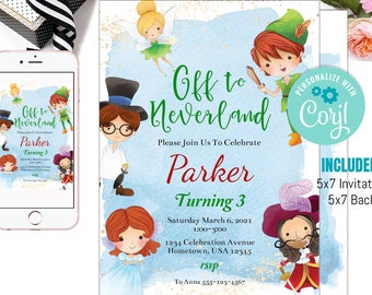 EDITABLE Peter Pan and Tinkerbell Birthday Invitation, Watercolor Peter Pan Invitation, Neverland Invitation, Pirate Birthday Invite