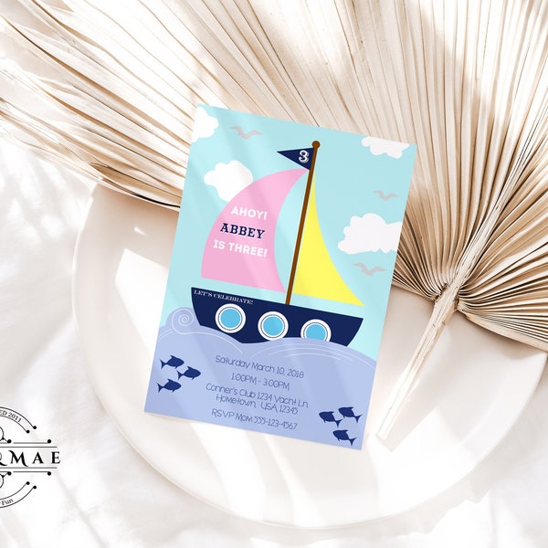 Sail Boat Birthday Invitation, Nautical invitation, Sail Boat invitation, Nautical Birthday, Sailing Birthday, girl birthday