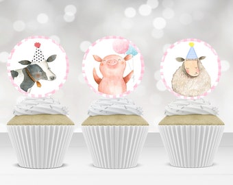Barnyard Birthday Cupcake Toppers Favor Tags Farm Birthday Party Decoration Girl Farm Animals Pink Stickers download Digital PRINTABLE