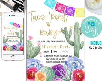 Taco 'Bout a Baby, Fiesta-Babyparty-Einladung, Taco-Babyparty-Einladung, Kaktus-Babyparty einladen, Boho-Baby-Dusche, Laden Vorlage