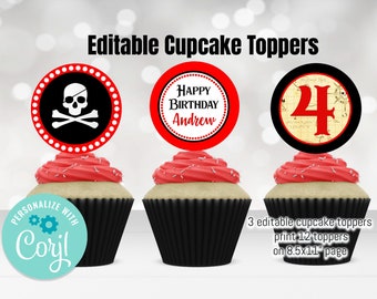 Editable Pirate Party, Cupcake Toppers, Favor Tags, Pirate Party Decor, Pirate Party Decorations, Pirate Birthday Digital