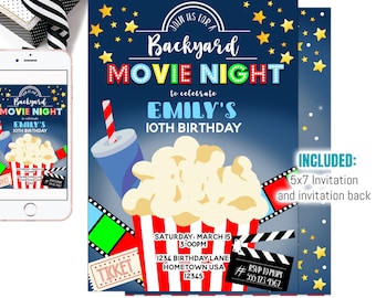 May include: Editable 5x7 inch invitation for a backyard movie night birthday party. The invitation features a blue background with stars, popcorn, a drink, and a movie ticket. The text on the invitation reads "Join us for a Backyard Movie Night to celebrate Emily's 10th Birthday".