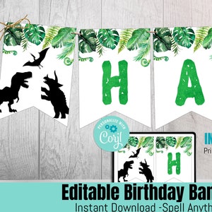 Bearbeitbares Dinosaurier-Geburtstagsparty-Banner, Dinosaurier-Banner, Dino-Geburtstagsfeier, zwei wilde Party, Sofort-Download bearbeitbar DIGITAL
