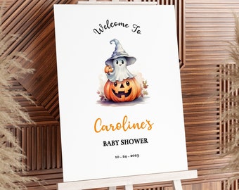 Baby Shower Welcome Sign Template, Little Boo Halloween Baby Shower, Editable, Cute Ghost Shower Sign, Printable, Templett INSTANT Download