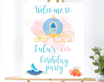 Editable Cinderella Birthday Printable Welcome Sign, 18x24 Welcome sign, Watercolor Pink Princess Cinderella Birthday sign 0125