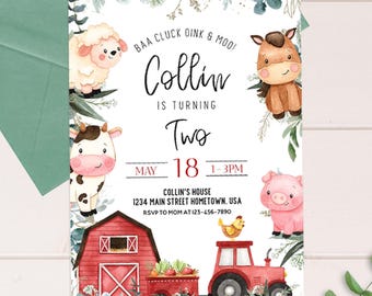 Editable Farm Birthday Invitation Boy Farm Animals Boy Barnyard Birthday Party Download Printable Invitation Template Digital Corjl  F102