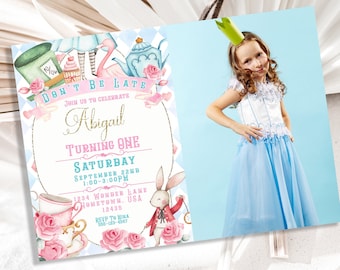 Alice in Wonderland Invitation Template, Alice in Onederland 1st Birthday Invite, Mad Tea Party, EDITABLE Printable Instant Download AL101