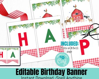 Striscione modificabile per fattoria, download immediato per festa di compleanno con animali da fattoria, striscione di buon compleanno, bandierine stampabili per il primo compleanno, F102