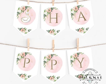 Happy Birthday Banner Swan Birthday Banner Girl Princess Pink and Gold Floral Birthday Decorations Ballet Birthday Instant Download