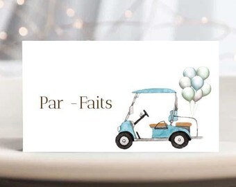 Etiquetas de comida para fiestas de golf, tarjetas de lugar para cumpleaños de golf, fiesta de hoyo en uno, tarjetas de carpa para menú de minigolf, carpas de comida EDITABLES, ducha de golf GP01