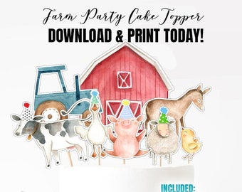 Printable Farm Centerpieces Farm Animals Birthday Party Farm Cake Topper Table Decor Blue Tractor Barnyard Party Decoration Digital FB01