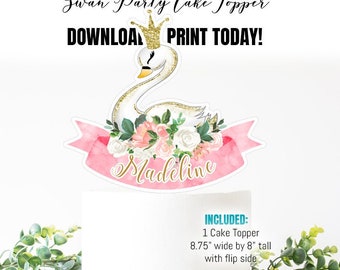 PRINTABLE Swan Princess Cake Topper, Swan Baby Shower Cake Topper, Princes Birthday Cake Topper, Swan princess watercolor floral Decor