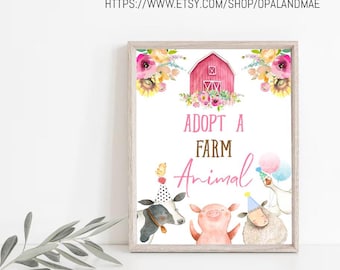 Adopt a Farm Animal Party Sign, Farm Birthday Sign Favors, Barnyard Birthday Farm Animals, Girl Favor Sign, Pink Farm Party PRINTABLE