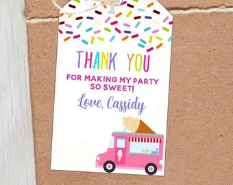 Editable Ice Cream Truck Favor Thank You Tags Ice Cream Birthday Party Modern Girl Pink Purple Gift Bag Labels Corjl