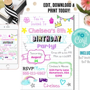 May include: A printable 5x7 inch birthday party invitation with a colorful doodle design. The invitation says "You're Invited To Chelsea's 8th Birthday Party!" with a date of Saturday, August 26. It includes a time for drop off and pick up, an address, and a phone number to RSVP.