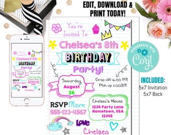 EDITABLE SLEEPOVER Invitation, Slumber Party, Pajama Party, Birthday Girl Pink Invitation, Printable Invite Template, ANY Age, diy