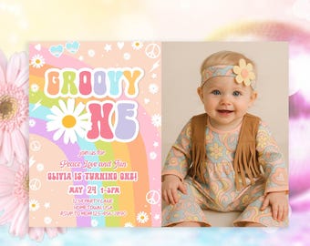 Editable Groovy One Rainbow Peace Sign Photo Invitation Retro Groovy 1st Birthday Hippie Invitation Disco Party PRINTABLE DOWNLOAD HP01
