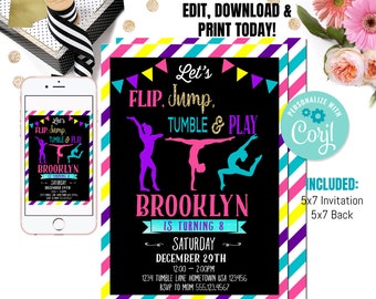 May include: A printable 5x7 invitation for a gymnastics themed birthday party. The invitation features a black background with colorful stripes, a glittery gold title, and silhouettes of gymnasts. The text reads "Let's Flip, Jump, Tumble & Play Brooklyn is turning 8. Saturday, December 29th, 12:00-2:00PM, 1234 Tumble Lane Hometown USA 123456, RSVP to Mom 555.123.4567".