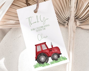 May include: Thank you for celebrating with me Oliver. A red toy tractor with a green grass background.