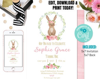 Bunny Birthday Party Invitation, Some Bunny is One, Spring Birthday, First Birthday Girl, Shabby Chic, Girls 1st Birthday, Easter Birthday