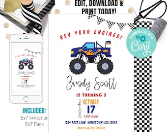 Monster Truck Invitation, Monster Truck Birthday Invitation, Truck Birthday Party Invitation, Monster Truck Party, Boy Dirt Invite, DIGITAL