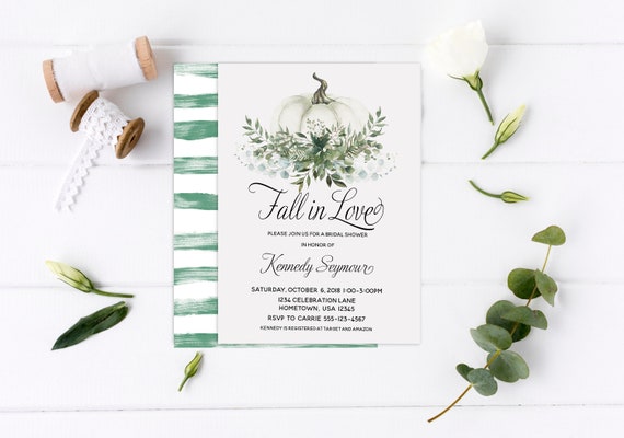 Fall Bridal Shower Invitation Template, White Pumpkin Fall In Love, Elegant Fall Bridal Shower, Eucalyptus greenery Shower, Instant Download Il_570xn