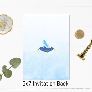 May include: A blue glass slipper sits on a blue cushion with gold trim. The background is a light blue watercolor wash. The text "5x7 Invitation Back" is at the bottom of the image.