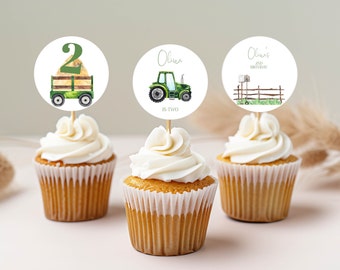 Editable Tractor Cupcake Toppers, Printable Green Tractor Toppers, Farm Tractor Party Tag, Instant Digital Download