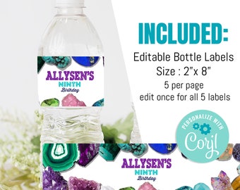 May include: Editable water bottle labels with a geode theme. The labels are 2 inches by 8 inches and feature a purple and teal color scheme with the text "Allysen's Ninth Birthday".