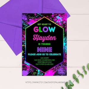 Editable Neon Glow Party Theme Invitation, Glow invitation, Neon invitation, Glow party, Neon Birthday, Glow party Invitation GL01