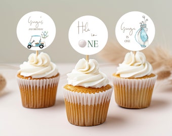 Golf Pierwsze urodziny Cupcake Toppery Hole-in-One Party Edytowalny szablon cyfrowy NATYCHMIASTOWE POBIERANIE Hole in One Golf tagi GP01