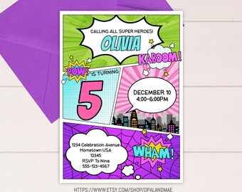Invitación de cumpleaños de superhéroe EDITABLE Invitación para niña superheroína Invitación de superhéroe Invitación de superhéroe Fiesta de superhéroes SH01