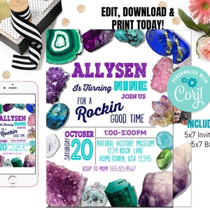 May include: A printable invitation for a 9th birthday party with a rock and mineral theme. The invitation features a colorful background of various gemstones and the text "Allysen is turning nine for a Rockin' Good Time." The invitation includes the date, time, location, and RSVP information.