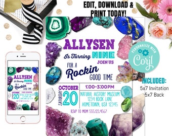 Geology Birthday Party Invitations, Girls Geology Invitations, Rock Hunt Mining Birthday, Climbing invitation, Rock Party, Mining invite