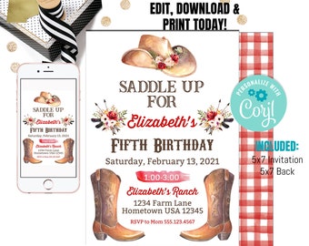 Cowgirl Birthday Party Invitation - Cowgirl Watercolor Invitation - Horse Party - Instant Download