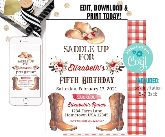 Cowgirl Birthday Party Invitation - Cowgirl Watercolor Invitation - Horse Party - Instant Download Il_570xn