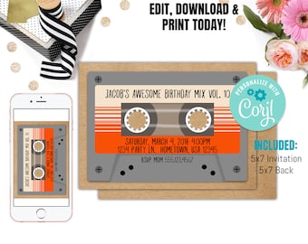May include: A printable invitation for a birthday party with a cassette tape design. The invitation is brown with orange and gray accents. The text on the invitation reads "Jacob's Awesome Birthday Mix Vol. 10" and includes the date, time, and location of the party. The invitation also includes the text "Personalize with Corjl" and "Included: 5x7 Invitation 5x7 Back".