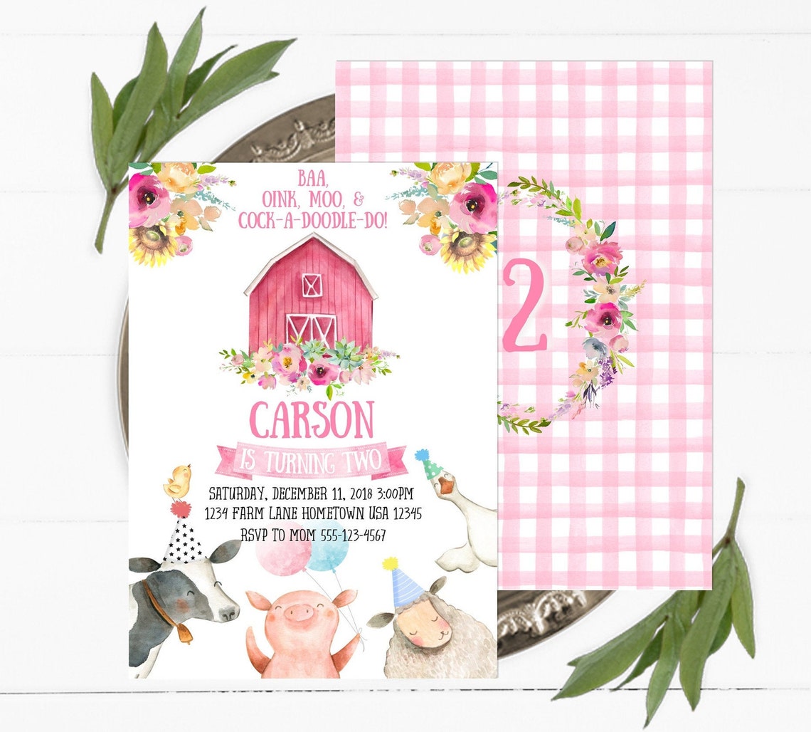 Editable Farm Birthday Invitation Girl Farm Animals Pink - Etsy