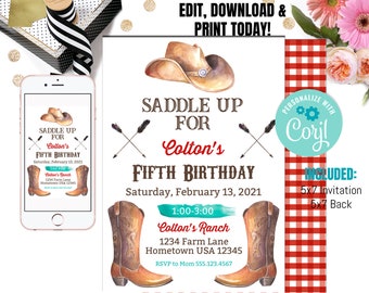 Editable Cowboy Birthday Party Invitation - Wild West Cowboy Invitation - Southwestern Ranch Birthday Party - 1st Rodeo Birthday Party